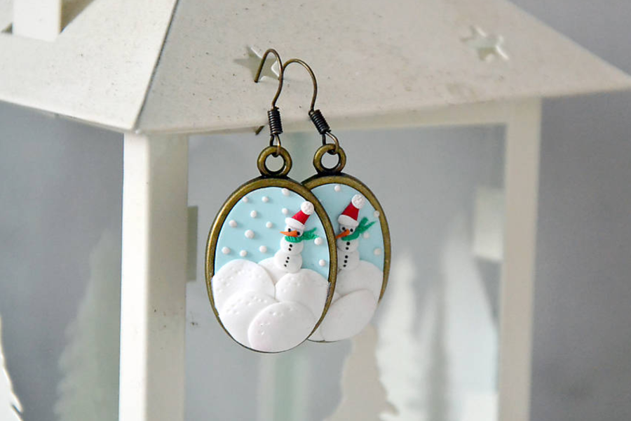 polymer clay embroidery snowman earrings