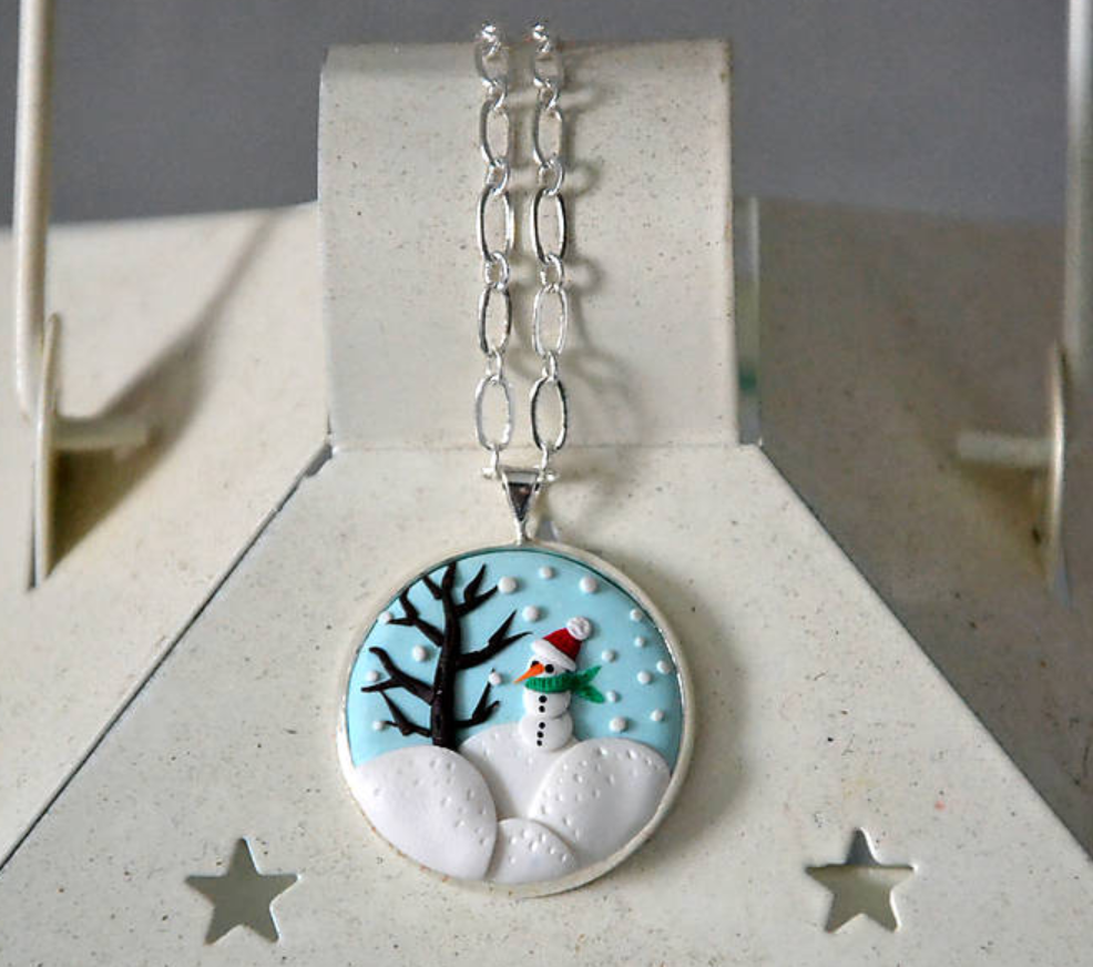 polymer clay embroidery snowman pendant