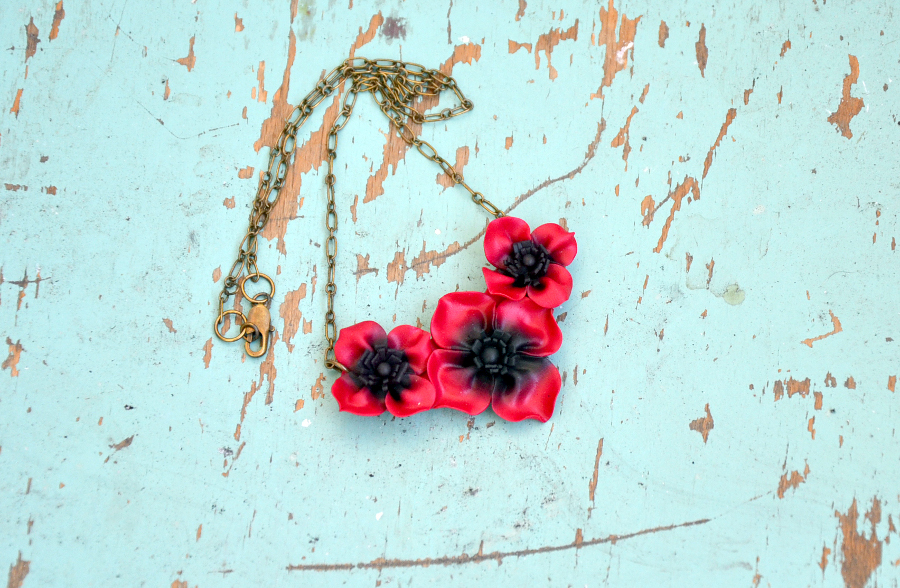 Poppy flower polymer clay necklace 2