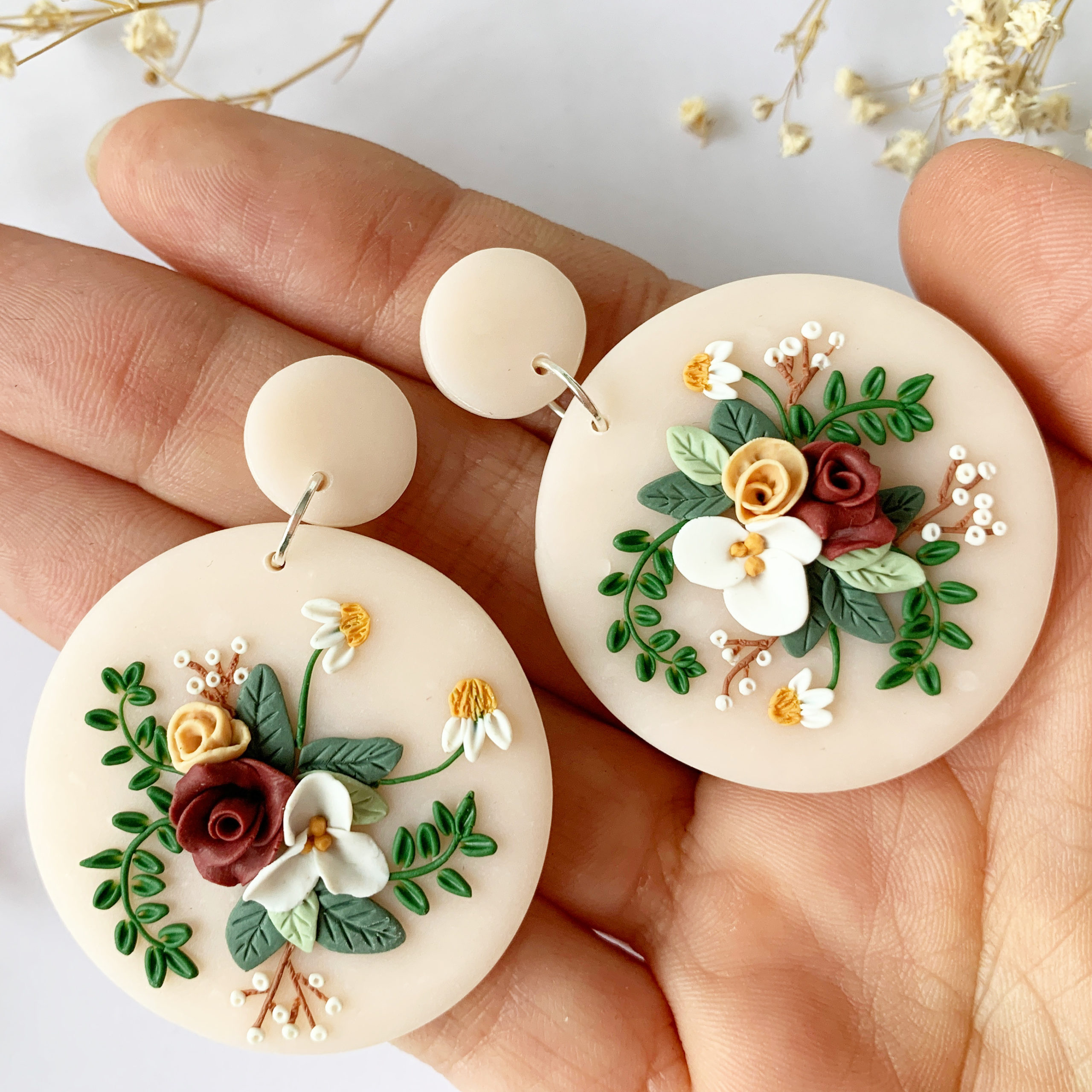 Flower Bouquet  Polymer Clay Embroidery Earrings Tutorial 
